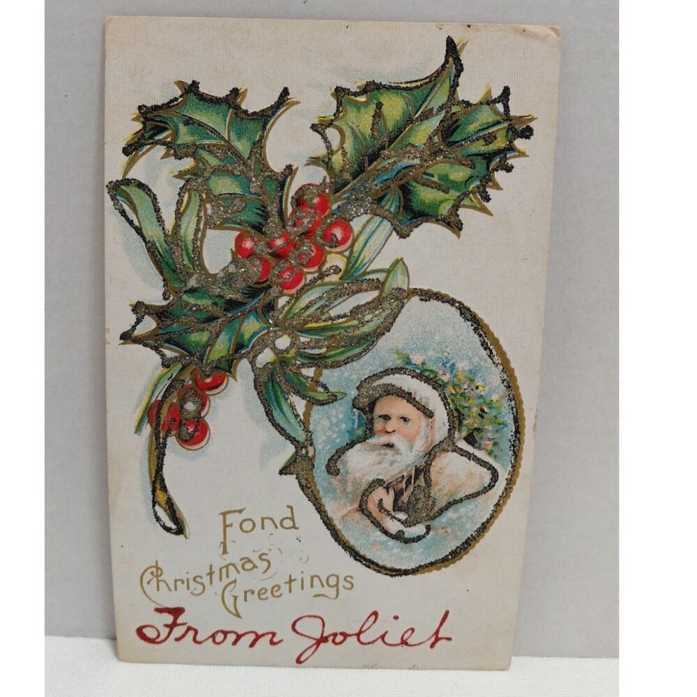 Antique Christmas Postcard Santa Claus White Coat Green Holly Unposted Divided